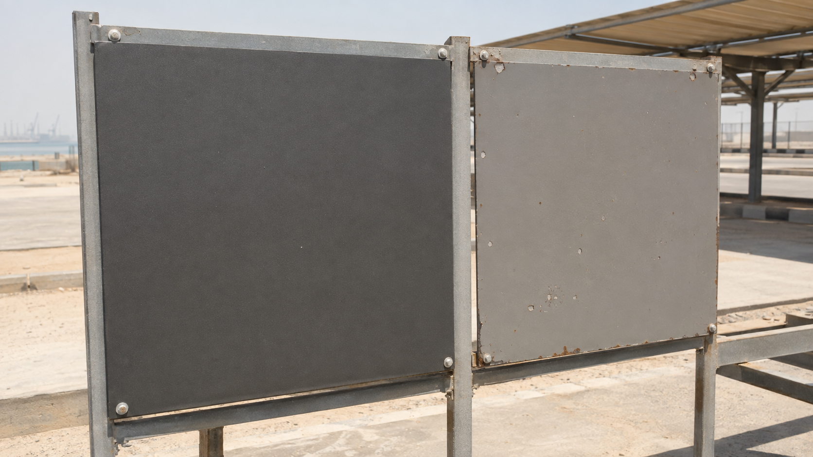 Powder-coated and wet-painted steel samples exposed to UAE sun, coastal humidity and dust