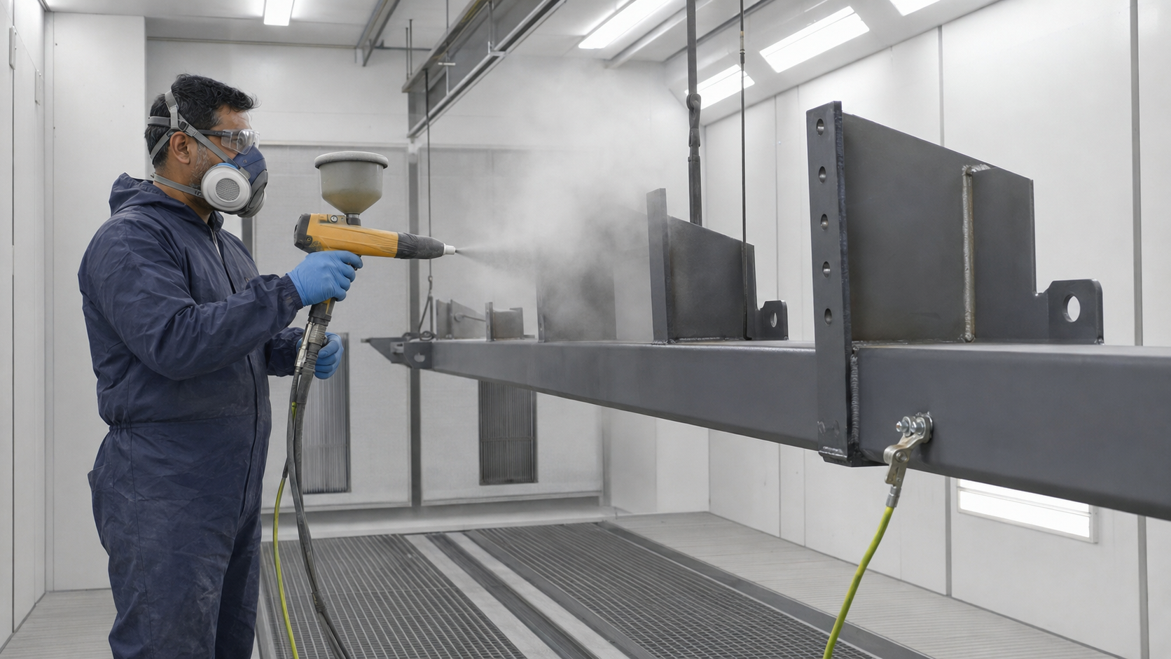 Electrostatic powder coating process on a fabricated steel parking shade component in a professional UAE workshop