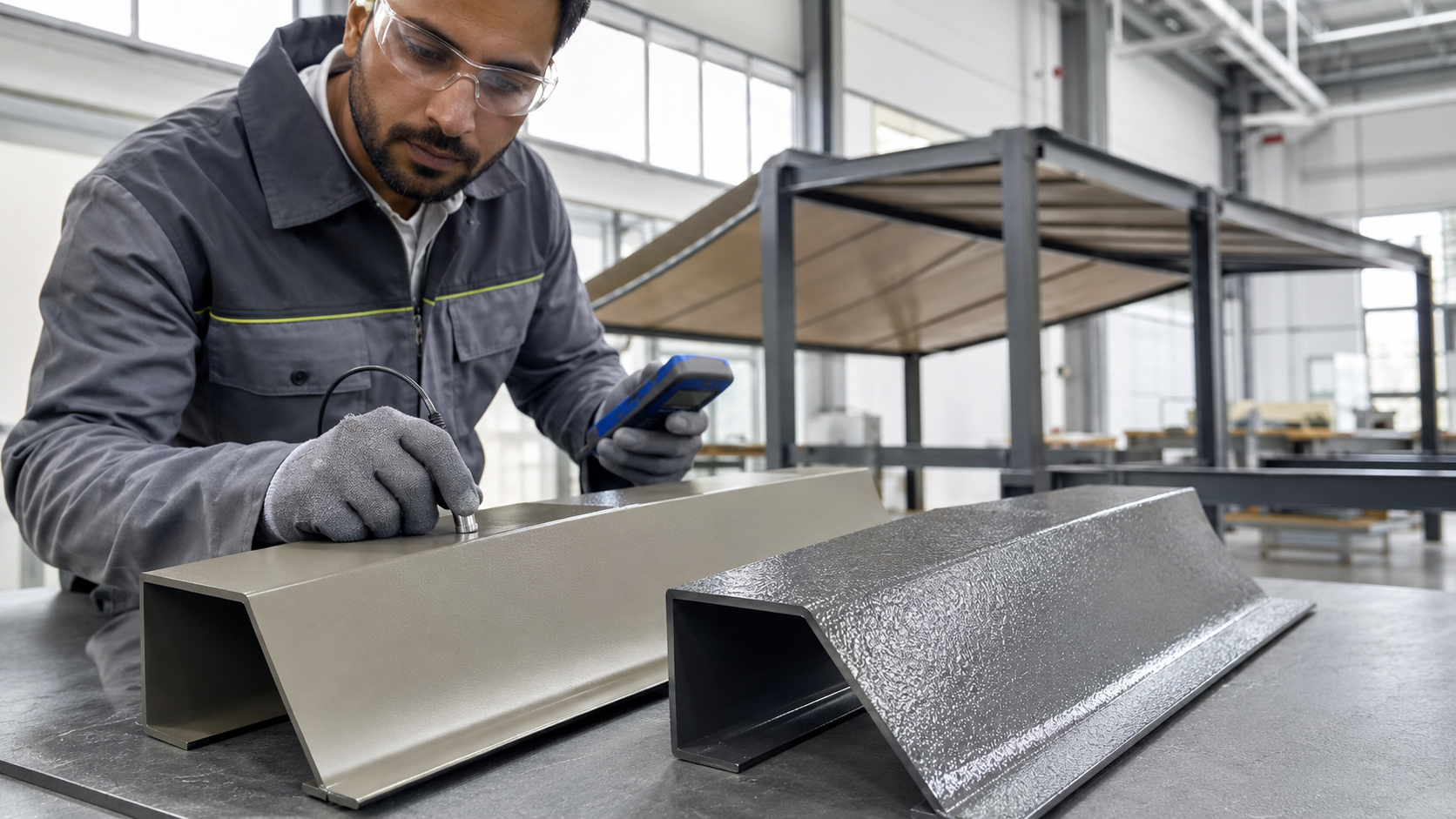 Inspector comparing powder-coated and wet-painted steel finishes with a coating thickness gauge