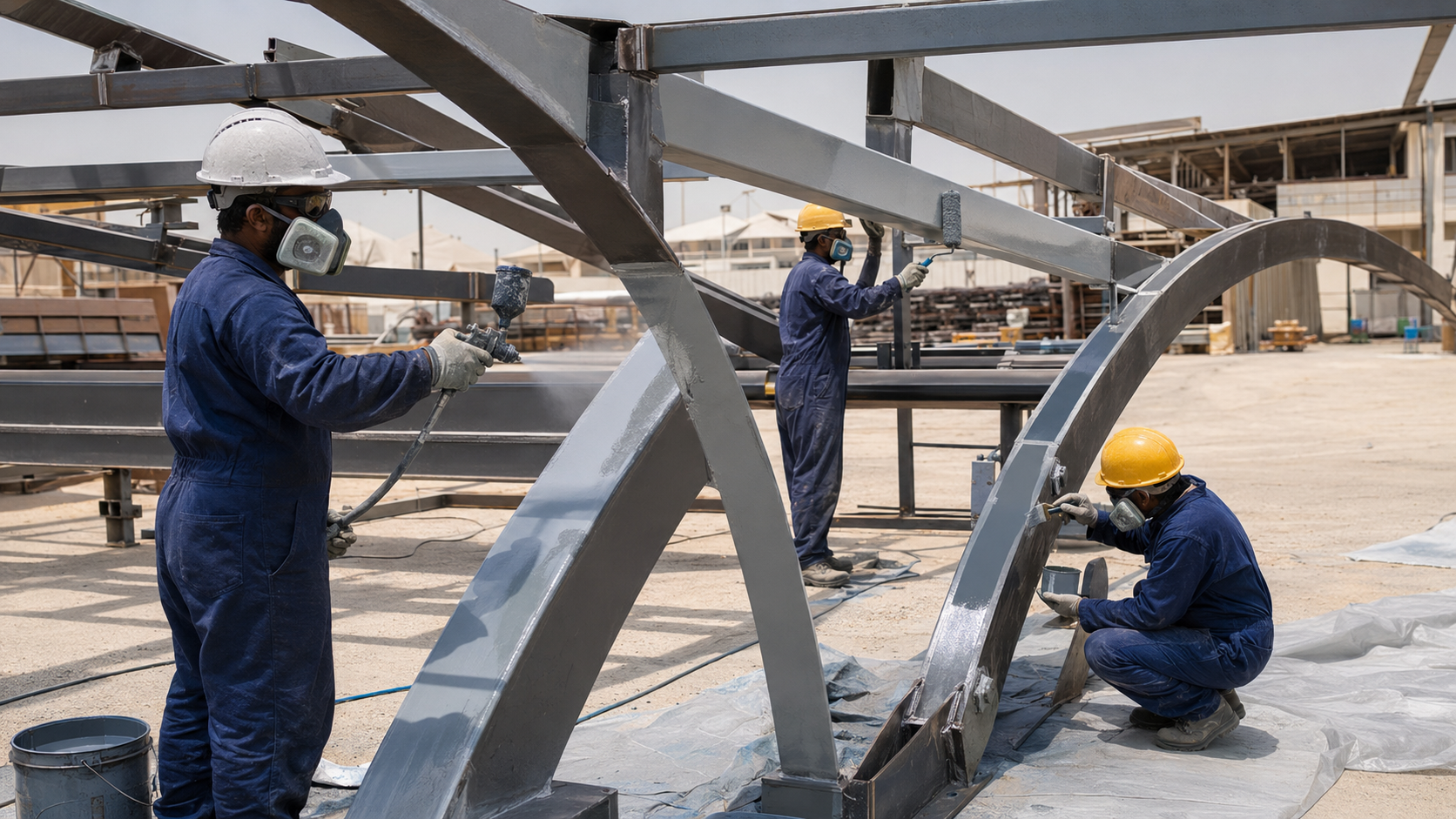 Workers applying epoxy primer and wet paint to a custom steel car parking shade frame