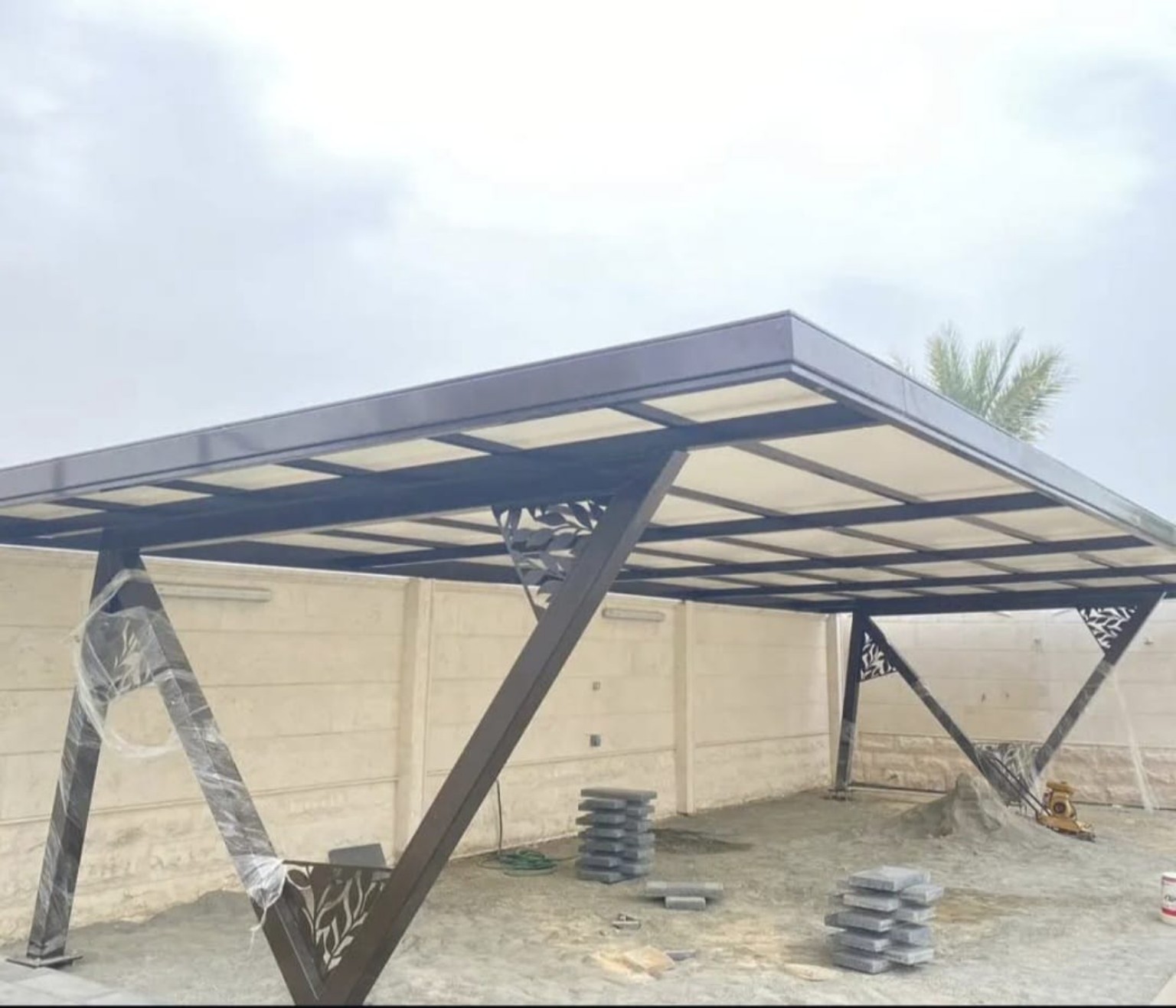 V-Braced Decorative Flat Roof Carport installed in the UAE